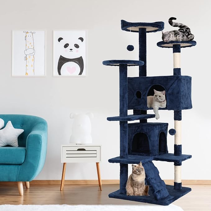 Cat Tree for Indoor Cats Cat Condo Cat Tower with Scratching Post Cat Tease Ball Perches Platform for Small and Medium Cats 54 Inch Multi-Level, Navy Blue