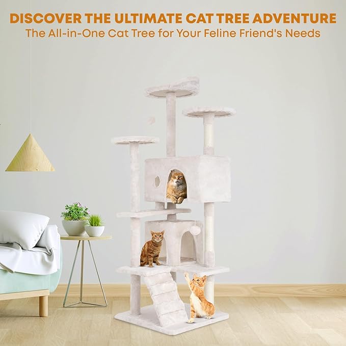 54inCat Tree Tower for Indoor Cats, Cat Tower with Cat Scratching Post, Multi-Level Cat Furniture, Cat Tower with Funny Toys for Kittens-Beige