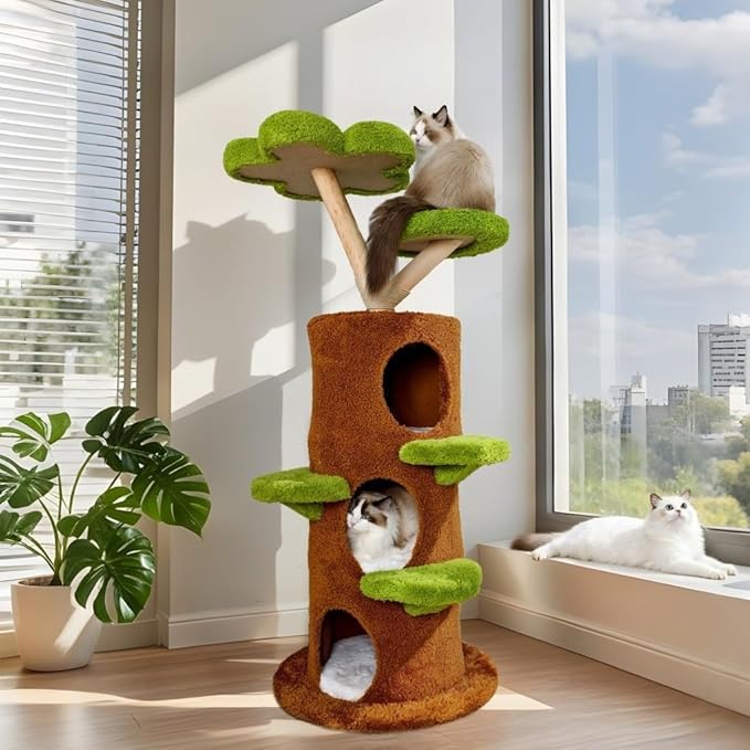 73-Inch Tall Wooden Multi-Cat Tree for Indoor Cats - Features 2 Spacious Hammocks, 2 Large Top Beds, 8 Scratching Posts, and Durable Natural Wood Design for Large Adult Cats