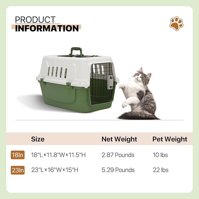 Athena Collection 22" Hard-Sided Travel Pet Carrier for Small Dogs and Cats, Plastic Dog Crate with 2-Door Top & Front Load, Ventilation, Security Lock, Cat Dog Carrier for Pet, up to 22lbs, Green