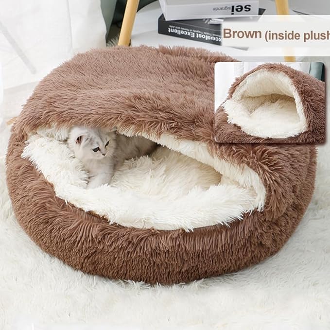 Cat Bed Round Fluffy Hooded Cat Bed Cave, Anti-Anxiety Cave Bed with Hooded Blanket, Cozy Cuddler Luxury Puppy Pet Bed, Anti-Slip Bottom and Machine Washable (Brown, Medium)