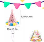 2-PC Pet Birthday Party Costume-Puppy Pink Adjustable Collar Saree with Colorful Balls and Cute Star Hat Soft Costume Accessory for Dogs Cats