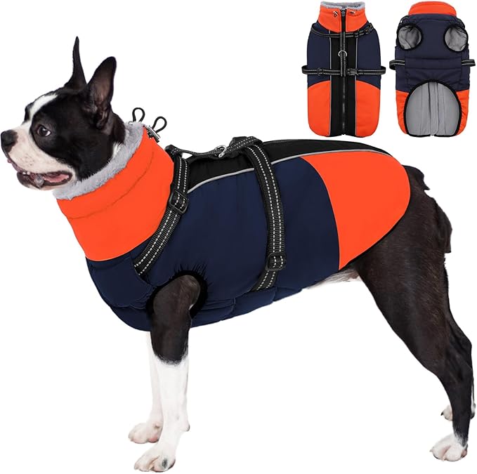 AOFITEE Dog Coat, Warm Dog Jacket with Harness Built-in, Waterproof Medium Dogs Cold Weather Coat with Zipper, Reflective Fleece Lined Pet Snow Jackets for Pug, Jack Russell, Boston Terrier, Blue M