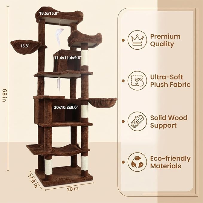 68in Tall Multi-Level Brown Cat Tree with Hammocks Hanging Basket Cat Cave Removable Cushion Scratching Posts Plush Cat Tower for Indoor Cats Perfect for Multiple Cats
