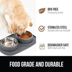GORILLA GRIP Feeding Mat Bowl Set, 100% Waterproof BPA Free Silicone Base, 304 Stainless Steel Cat and Dog Bowls for Food and Water, Slip Resistant, High Edge, US Designed, Patent Pending, 2 Cup Gray