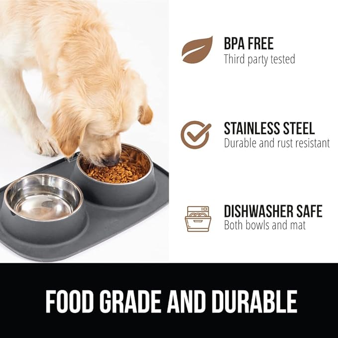 GORILLA GRIP Feeding Mat Bowl Set, 100% Waterproof BPA Free Silicone Base, 304 Stainless Steel Cat and Dog Bowls for Food and Water, Slip Resistant, High Edge, US Designed, Patent Pending, 2 Cup Gray