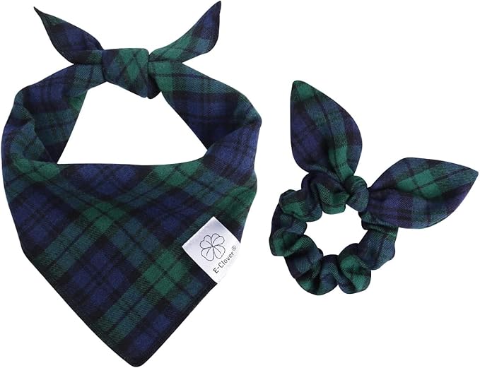 E-Clover Green Dog Bandanas Boy & Matching Scrunchie Set Plaid Dog Scarf Kerchief for Medium Large Dog Pet Bandana Owner Gifts Blue St Patrick Spring