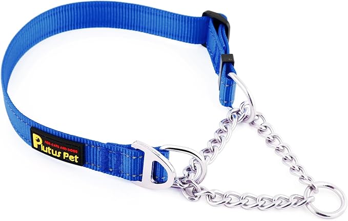 Plutus Pet Martingale Dog Collar with Stainless Steel Chain and Reflective Nylon, Adjustable No Pull Training Collar, for Small Medium, and Large Dogs, Royal Blue, M
