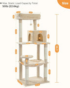 PEQULTI Cat Tree for Large Cats with Metal Frame Big Hammock, Cat Tower for Indoor Cats with 2 Door Condo House, [56.3"=143cm] Multi-Level Cat Shelves with Scratching Posts and Top Perch, Beige