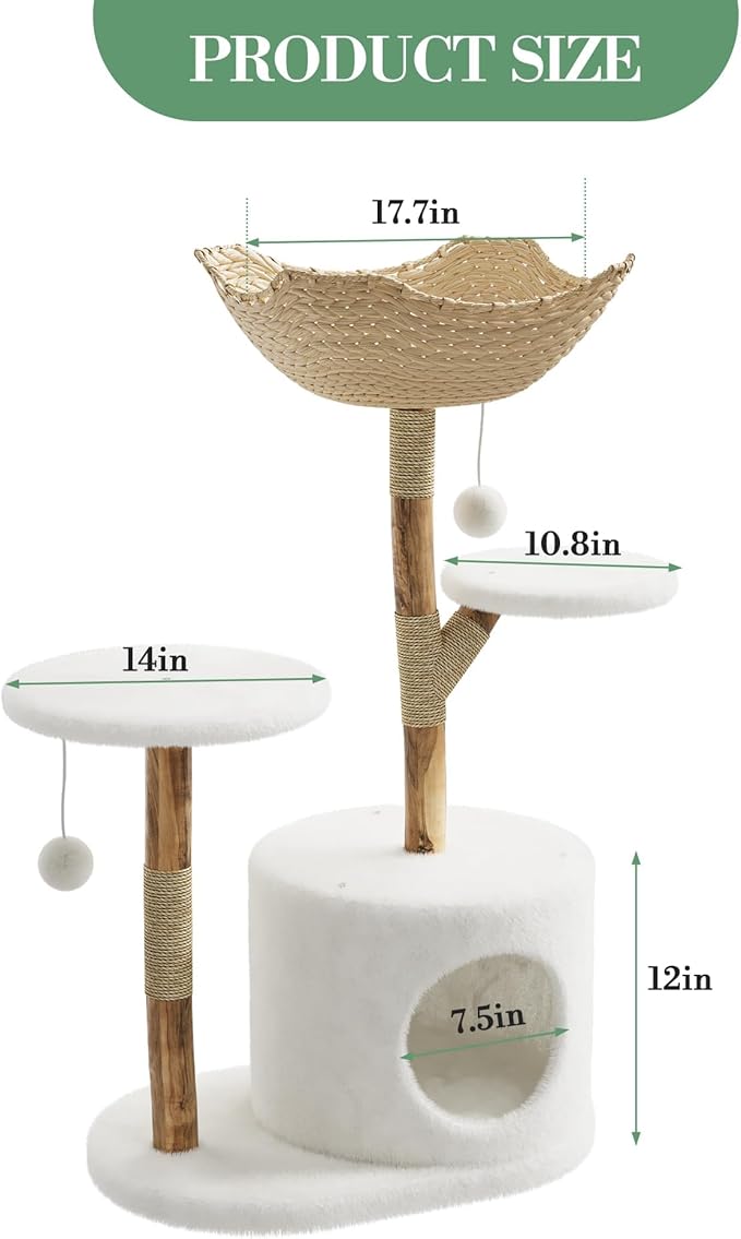 Premium Solid Wood Cat Tree Tower with Sisal Scratching Posts Multi-Level Cat Climber with Plush Condo for Indoor Cats, Modern Scandinavian Design Pet Furniture