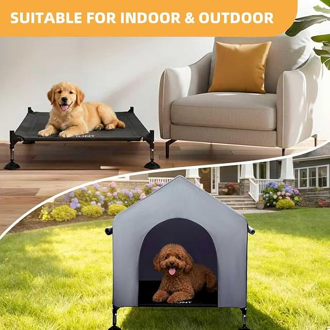 36" Dog House Outdoor Indoor with Breathable Mesh Windows, 2-in-1 Outside Dog House Elevated Dog Bed Cot Dog Tent Shade Shelter, Easy to Assemble & Clean (36 INCH)