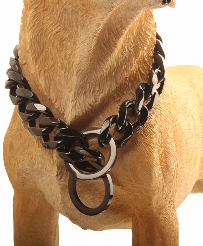 Black Dog Chain Collar 11mm/15mm/19mm Cuban Link Chain Dog Collar Chew Proof Dog Chain Collar Walking Training for Small Medium Large Dogs 12-26inch(19mm,12inch)