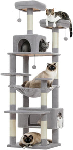 PAWZ Road Large 72 Inch Cat Tree and Tower for Indoor Cats - With Sisal-Covered Scratching Posts, Padded Perches, Condos, and Basket - Gray