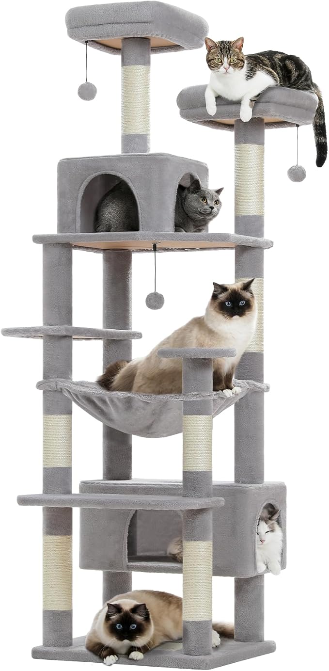 PAWZ Road Large 72 Inch Cat Tree and Tower for Indoor Cats - With Sisal-Covered Scratching Posts, Padded Perches, Condos, and Basket - Gray