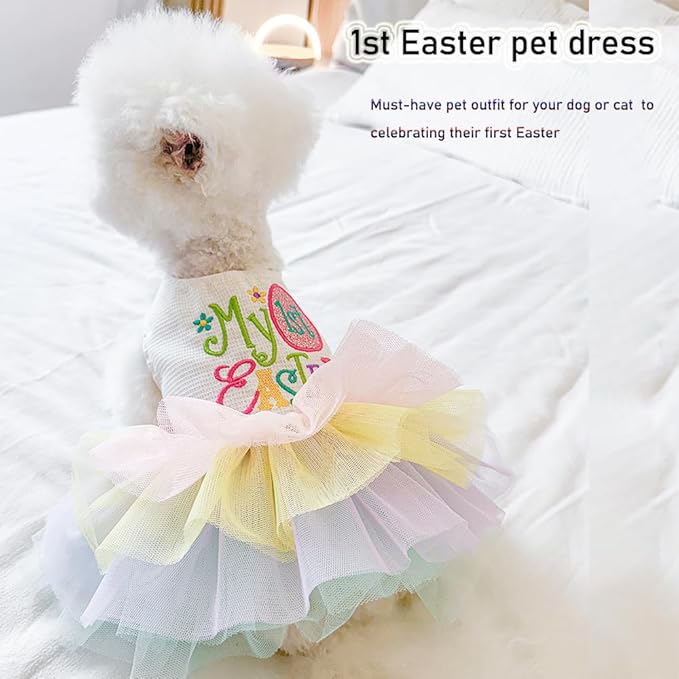 ANIAC Happy 1st Easter Dog Dress Girl Holiday Puppy Clothes for Small Dog Easter Cat Outfit Eggs Print Rainbow Doggy Princess Tutu Dress Pet Clothing (X-Large)