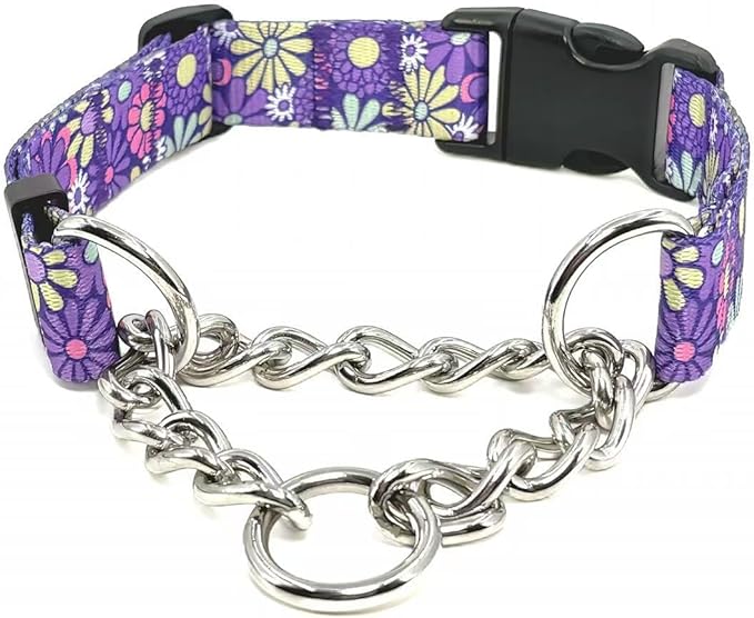 Martingale Dog Collar with Chain Stainless Steel, Nylon Dog Collar Flowers Pattern, Adjustable Training Walking Collar with Quick Release Buckle, Slip Chain Collar for Puppy Medium Large Dogs