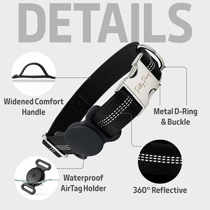 AirTag Holder Dog Collar for Large Medium Dogs, Adjustable Nylon Dog Training Collar with Quick Release Buckle, Reflective Heavy Duty Tactical Dog Collar with Handle (Black S)
