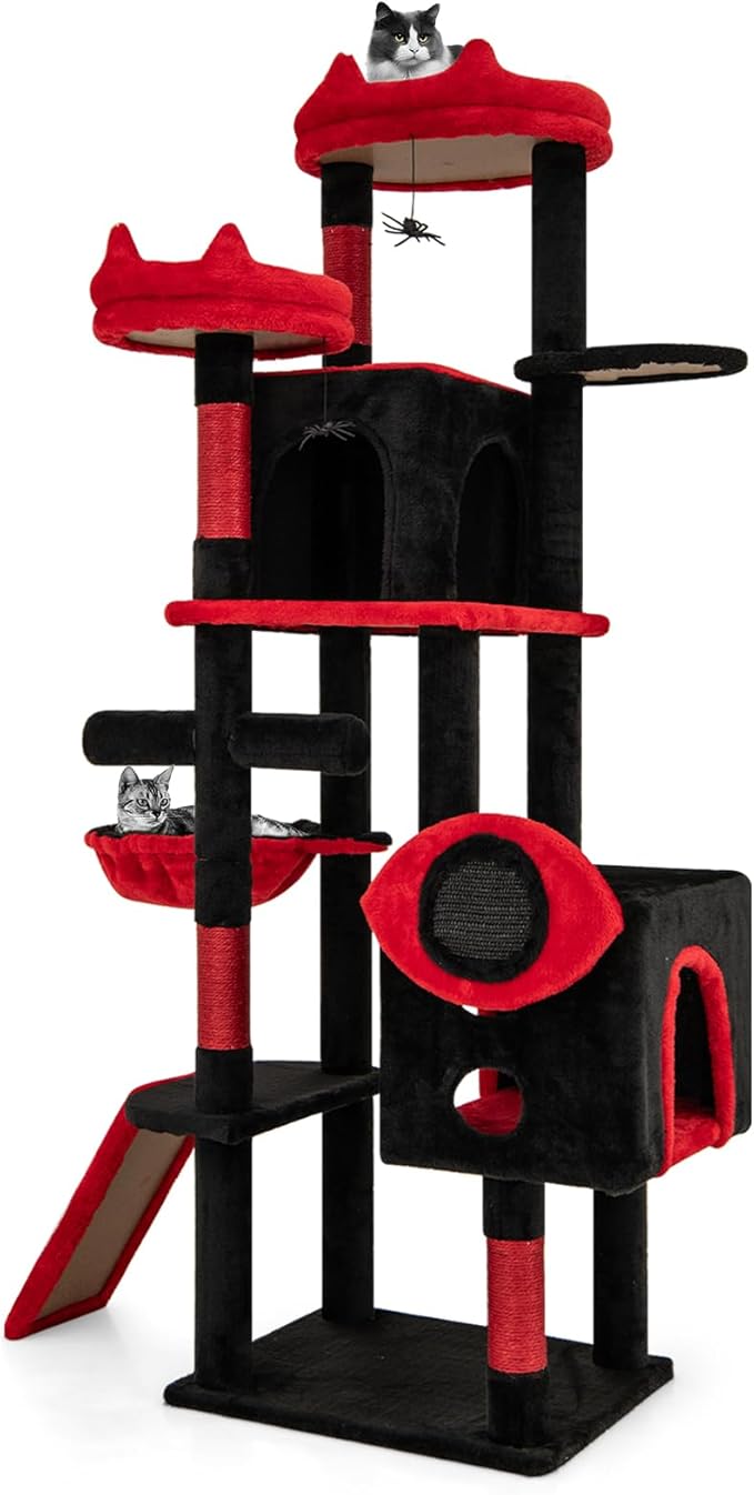 Tangkula Gothic Cat Tree, Large Spooky Cat Tower with Sisal Scratching Posts & Ramp, 2 Cat Condos, 2 Devil Ear-Shaped Perches, Spider Toys, Bat-Shaped Platform, Basket Bed, Goth Cat Tree, Black & Red