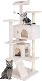 Cat Tree 53 inches Cat Tower for Indoor Cats Cat House with Replaceable and Removable Dangling Ball Cat Trees and Towers with Funny Toys, Beige