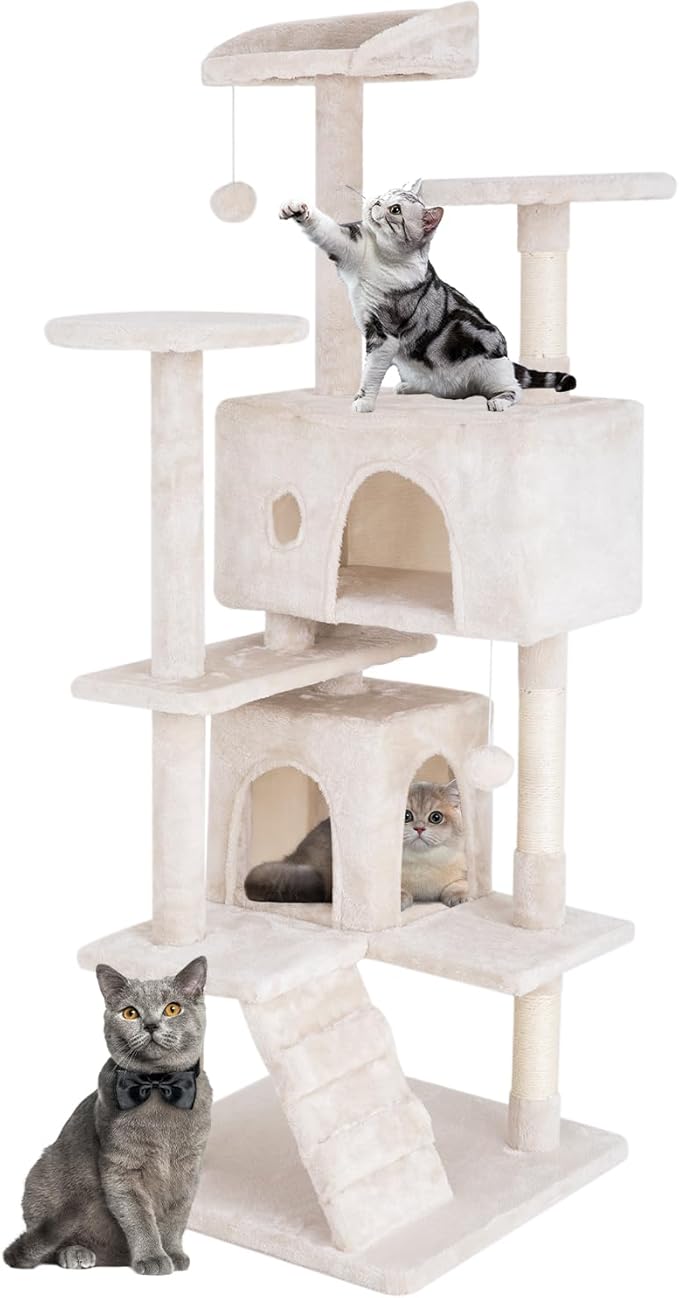 Cat Tree 53 inches Cat Tower for Indoor Cats Cat House with Replaceable and Removable Dangling Ball Cat Trees and Towers with Funny Toys, Beige
