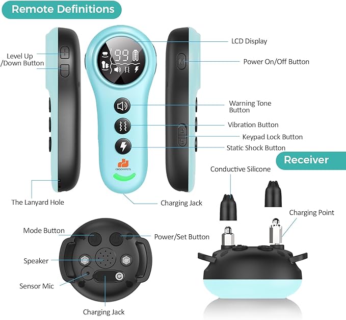550 Yard Auto Anti-bark Remote Dog Training Shock Collar, Sky Blue/Torquoise