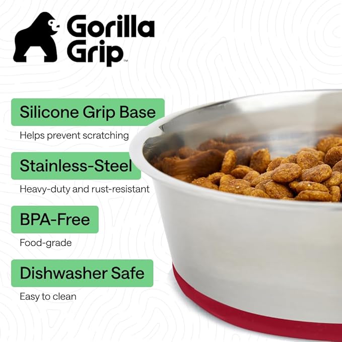 GORILLA GRIP Dog Bowls, Food Grade 304 Stainless Steel, Holds 8 Cups Each (64 fl oz) Food and Water Bowl for Feeding Dogs and Cats, Dishwasher Safe, Rust Resistant, BPA Free Rubber Base Set of 2 Red