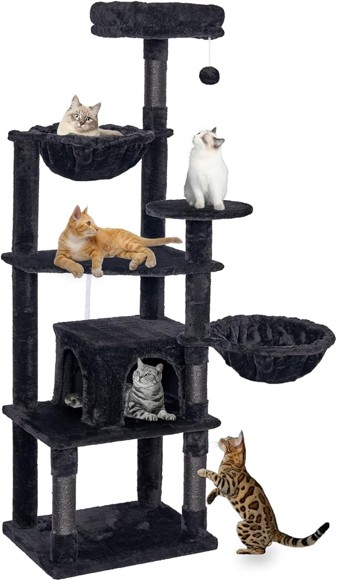 Tall Cat Tree,63in Multi-Level Cat Tower for Indoor Cats Large Adult,Gothic Cat Stand with Scratching Posts,Basket,Condo,Plush Perch,Cats Toys for Climbing,Interactive and Hidden,Black