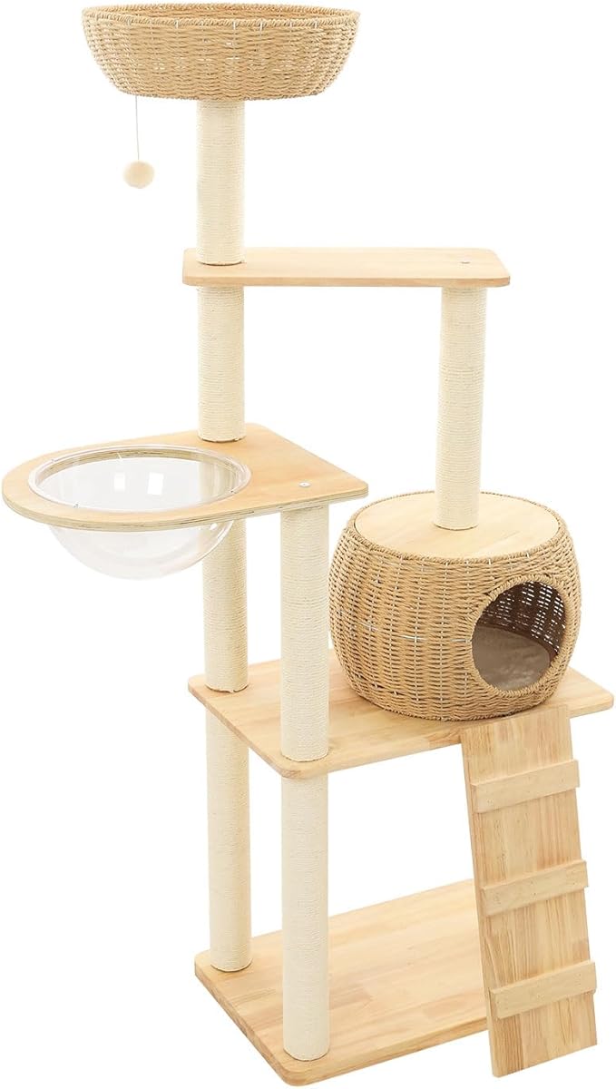 Modern Cat Tree, 55in Rattan Cat Tree Tower with Woven Condo, Clear Bowl, Washable Cushions, and Scratching Posts, Cat Furniture Activity Centre