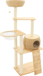 Modern Cat Tree, 55in Rattan Cat Tree Tower with Woven Condo, Clear Bowl, Washable Cushions, and Scratching Posts, Cat Furniture Activity Centre