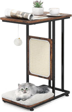 PETSITE Cat Tree and End Table, C-Shaped Small Cat Side Table with Scratching Pad, Removable Washable Cushion, and Jingling Hanging Ball, Modern Cat Furniture for Living Room Bedroom