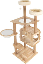Cat Tree Furniture 19.7x19.7x54inch Brown Multi-Level Cat Tower with Scratching Posts Wide Platforms Two Space Capsules Nests and Play Balls for Indoor Elderly Adult Cats Small Space