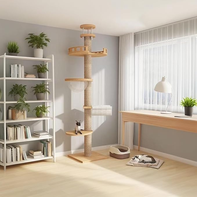 Sturdy Floor to Ceiling Cat Tree - Heavy Duty Solid Wood Column Cat Tower Adjustable Height 6-9.5ft Tall Cat Tower for Large Cats Modern Cat Activity Tree for Indoor Cats