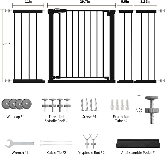 Mumeasy 36" Extra Tall Baby Gate for Doorways, 29.7"-57" Extra Wide Dog Gate for Stairs, Pressure Mounted Auto Close Pet Safety Gate with Easy Walk Thru Door, Large Indoor Child Gate for House, Black