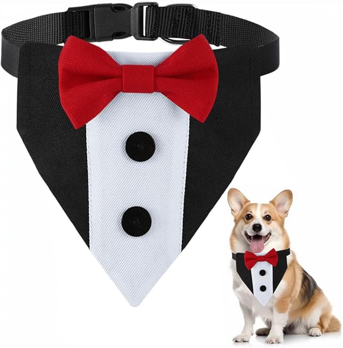 Small Dog Tuxedo, Tux Suit Dog Wedding Outfit Bandana with Bow Tie Collars for Small Medium Large Pet Dogs, Red S