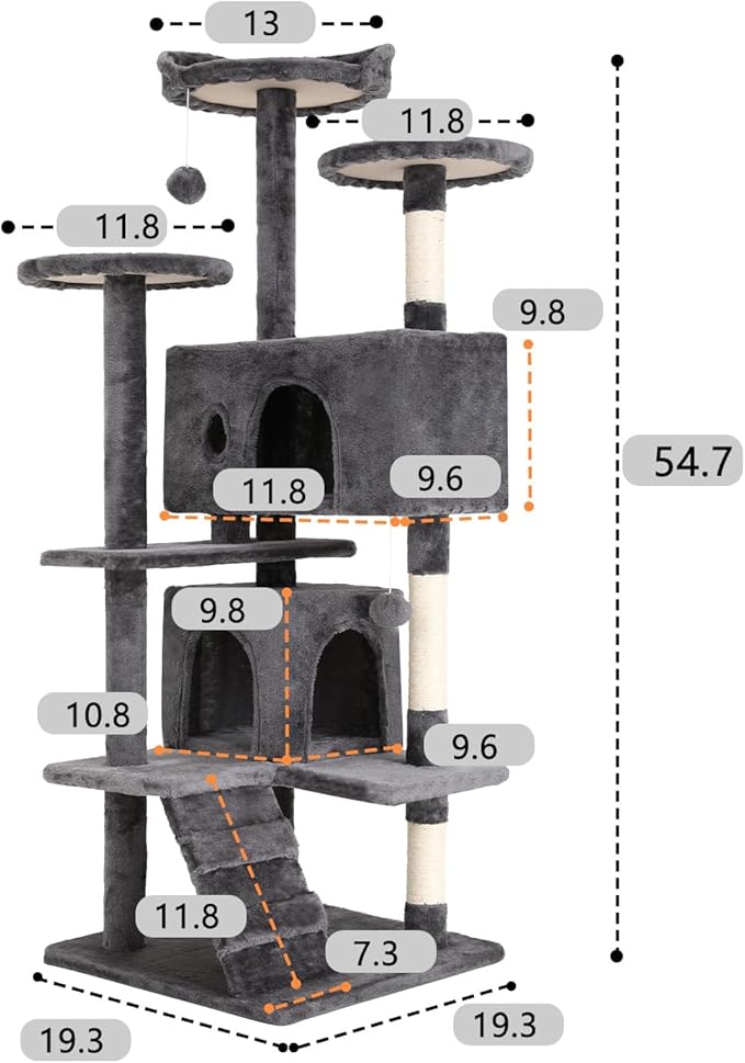 BestOffice 54 Inch Cat Tree, Multi-Level Cat Tower with Condo, Perches, Sisal Scratching Posts, Climbing Ladder,Indoor Activity Center Play House for Kittens & Adult Cats,Light Gray