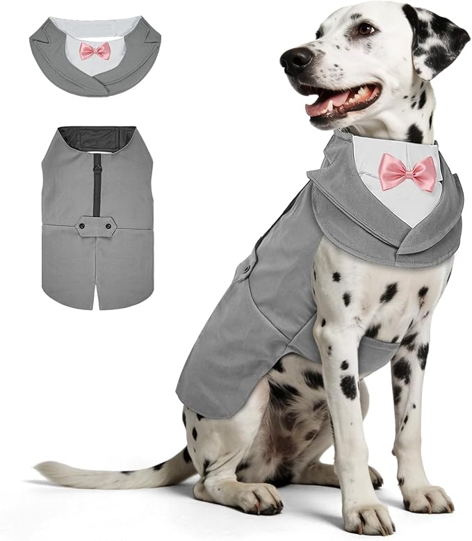 Supet Dog Tuxedo and Bandana Set with Bow Tie, Formal Outfit for Wedding Birthday Party Graduation Valentines, Pet Suit Clothes for Large Medium Small Dogs (Grey, 2XL)