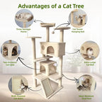 Cat Tree Tower for Indoor Cats,Cat House with Sisal Scratching Post,Multi-Level Cat Condo and 3 Large Platforms (Beige)