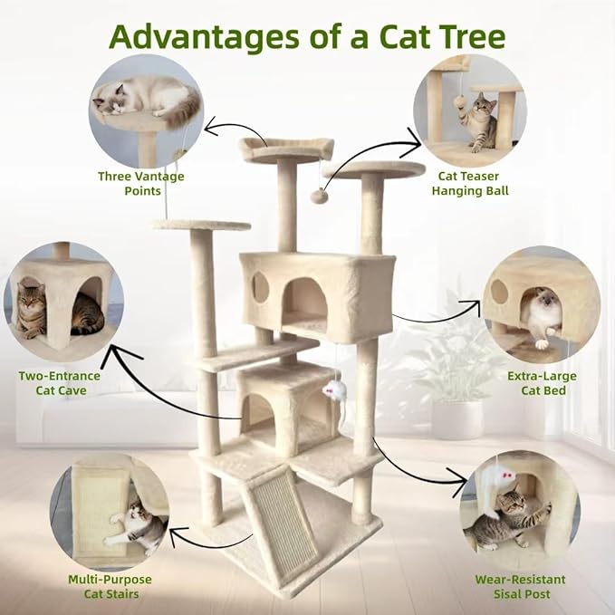 Cat Tree Tower for Indoor Cats,Cat House with Sisal Scratching Post,Multi-Level Cat Condo and 3 Large Platforms (Beige)
