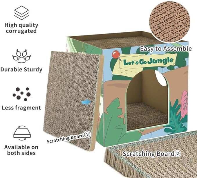 CHICHIPAWS Cardboard Cat Scratcher House with 2 Scratch Boards – Peekaboo Cave & Hideaway, Playhouse for Indoor Pets, Corrugated Scratching Cube for Kittens, Rest Box Bed with Catnip, Durable Fun