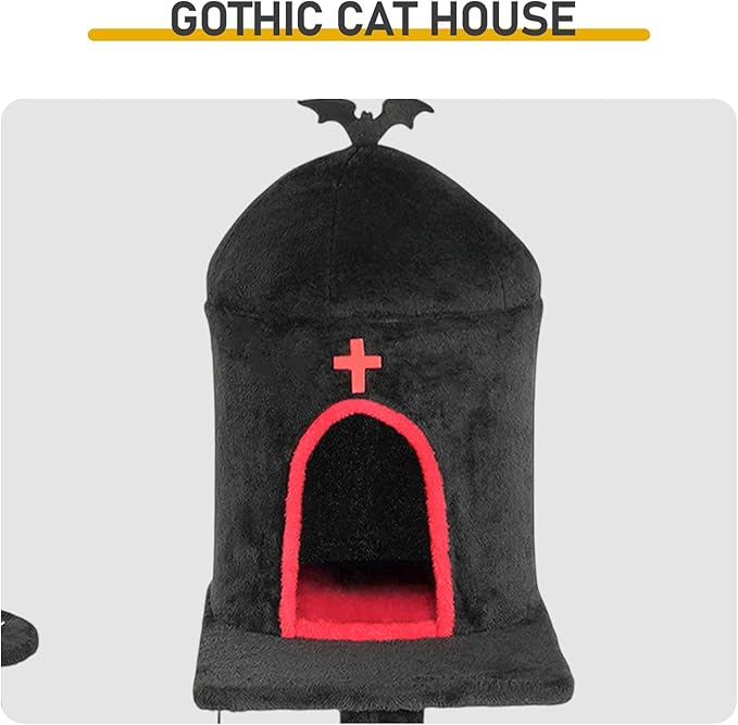 Gothic Cat Tree with Coffin Bed,53" Cat Tower with Spacious Cat Condo，Scratching Posts，Spider Hanging Ball，Multi-Level Cat Activities Furniture for Large Cats, Black Halloween