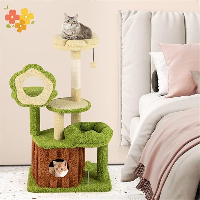 40" Jungle Theme Cat Tree - Washable Peach Skin Cover, Sisal Scratching Post & Interactive Toys