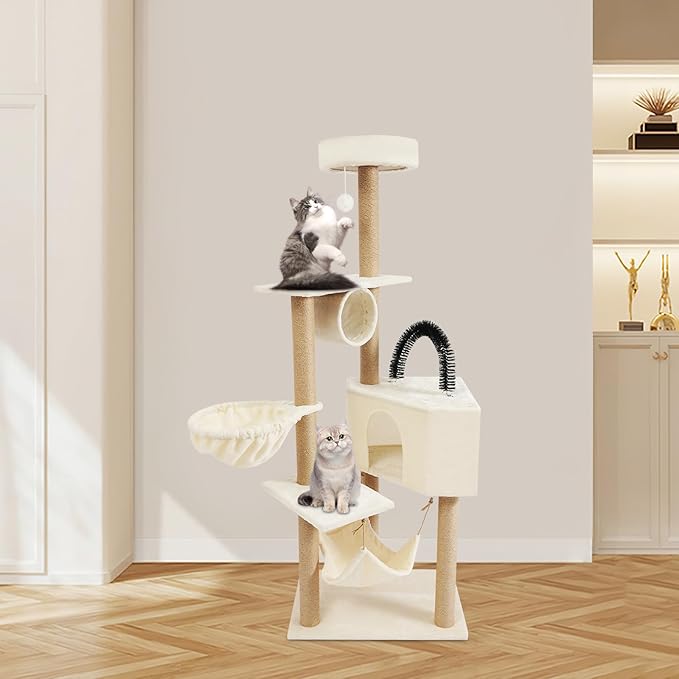 Multi-Level Cat Tower Cat Tree with Scratching Posts, Hammock, Condo, Jumping Platforms, 16.53 Lbs Load Capacity, 63" Tall Wooden Cat Condo Perch for Indoor Large/Small Cats (Beige)