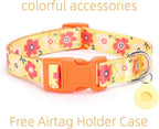 Dog Collar with Leash Airtag Holder Case Set - Dog Collars for Male Female Boy Girl Puppy X-Small Small Medium Large Dogs Walking Running Training - Orange Daisy/L