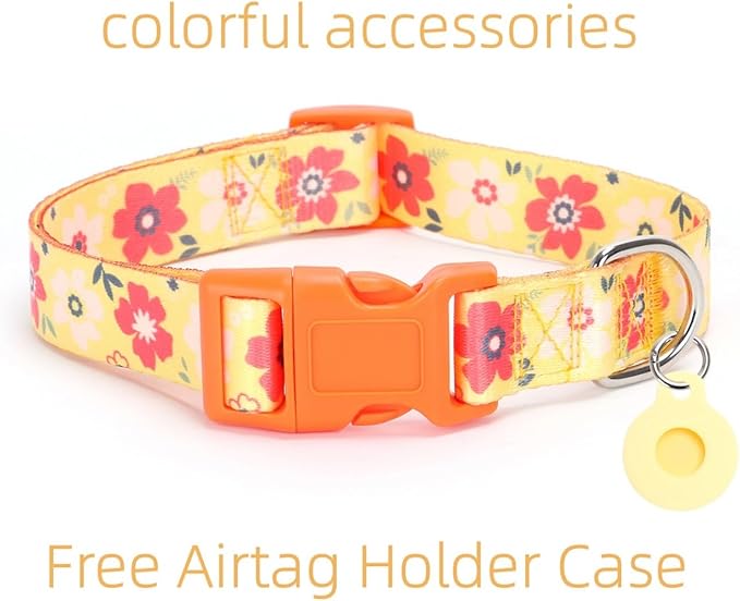 Dog Collar with Leash Airtag Holder Case Set - Dog Collars for Male Female Boy Girl Puppy X-Small Small Medium Large Dogs Walking Running Training - Orange Daisy/S