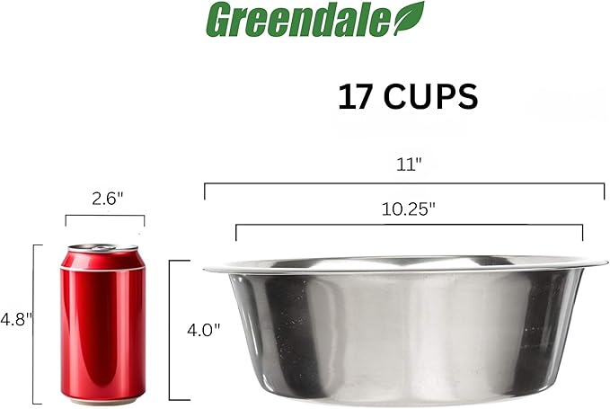 Greendale - 4 Pack - 17 Cup Capacity - Stainless Steel Metal Dog Bowls - Perfect for Dog Food and Water. Wrong Size? Click to Look at Our Size Options.