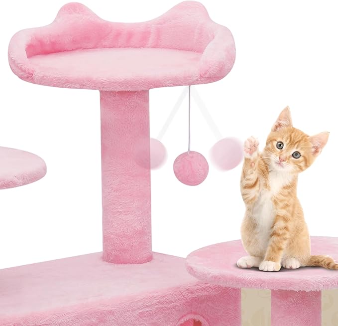 Athena Collection Cat Tree, 77 Inch Cat Tower for Indoor Cats, Multi-Level Cat Tree Tower Activity Center with 2 Cat Condo & Cat Scratching Post & Dangling Ball, Tall Cat Tree, Soft Pink