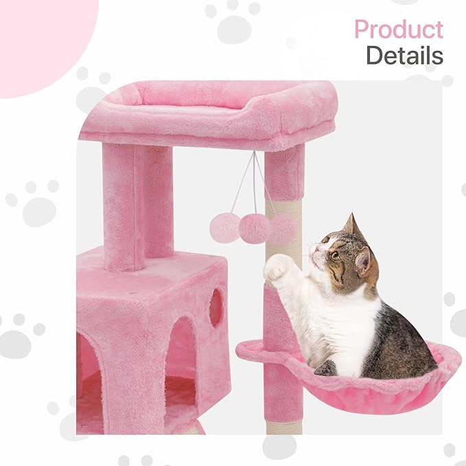 36 Inch Cat Tower for Indoor Cats, Multi Level Cat Condo with Scratching Post, Ramp, Plush Perch, Cat Cave, Basket, Cat Activity Center w/Ball for Small Space, Soft Pink