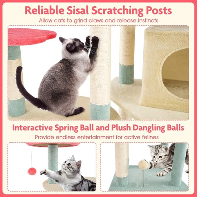 Cat Tree, 61 Inch Multi-Level Floral Kitten Tower with Flower Perch, Plush Platforms, Sisal Scratching Posts, Spring Ball Toy for Indoor Cats