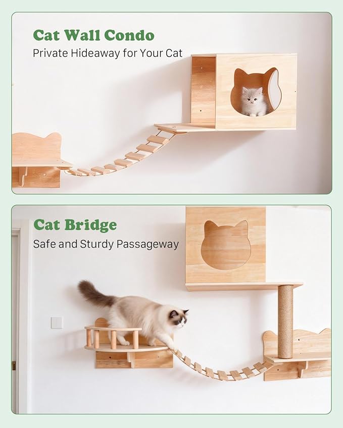 Cat Wall Shelves, 18 in 1 Cat Wall Furniture with Green Tunnel, Condos, Bridge, Climbing Post & Scratching Pad Modular Wall Mounted Cat Playground for Large Spaces & Multi-Cat Homes