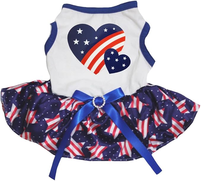 Petitebella USA Twins Heart Puppy Dog Dress (White/US Stars, X-Small)